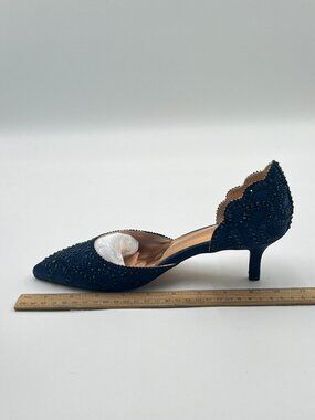 XYD Navy Pumps, Elegant Pointed Toe, D'Orsay Kitten Low Heels, Rhinestone Shoes,